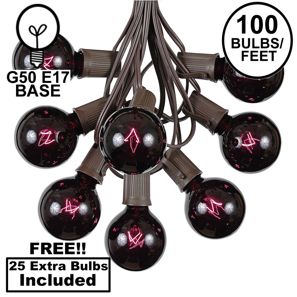 Picture of 100 G50 Globe Light String Set with Black Light Bulbs (Very Dark Purple) on Brown Wire