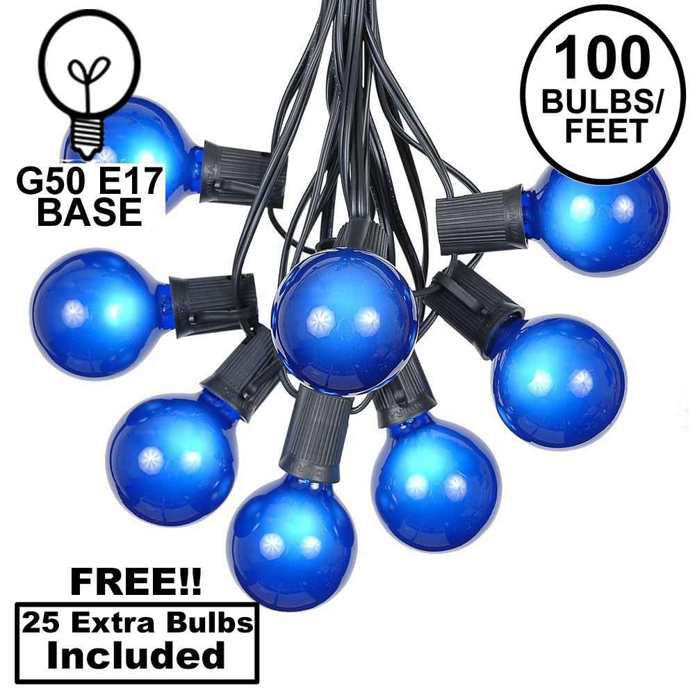 Picture of 100 G50 Globe Light String Set with Blue Bulbs on Black Wire