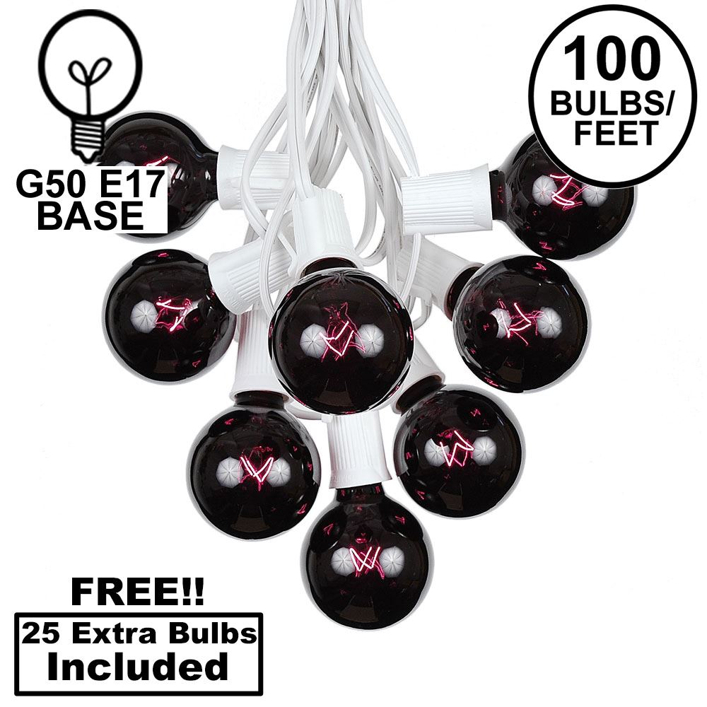 Picture of 100 G50 Globe Light String Set with Black Light Bulbs (Very Dark Purple) on White Wire