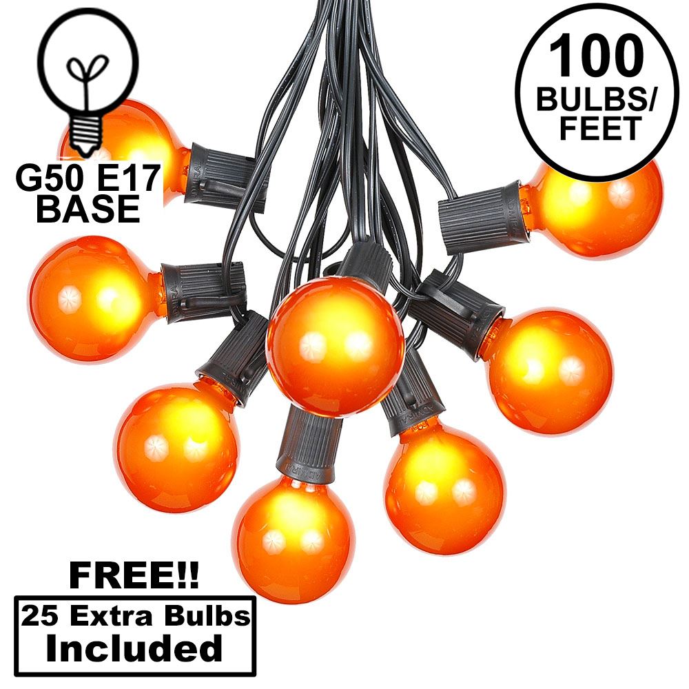 Picture of 100 G50 Globe Light String Set with Orange Bulbs on Black Wire
