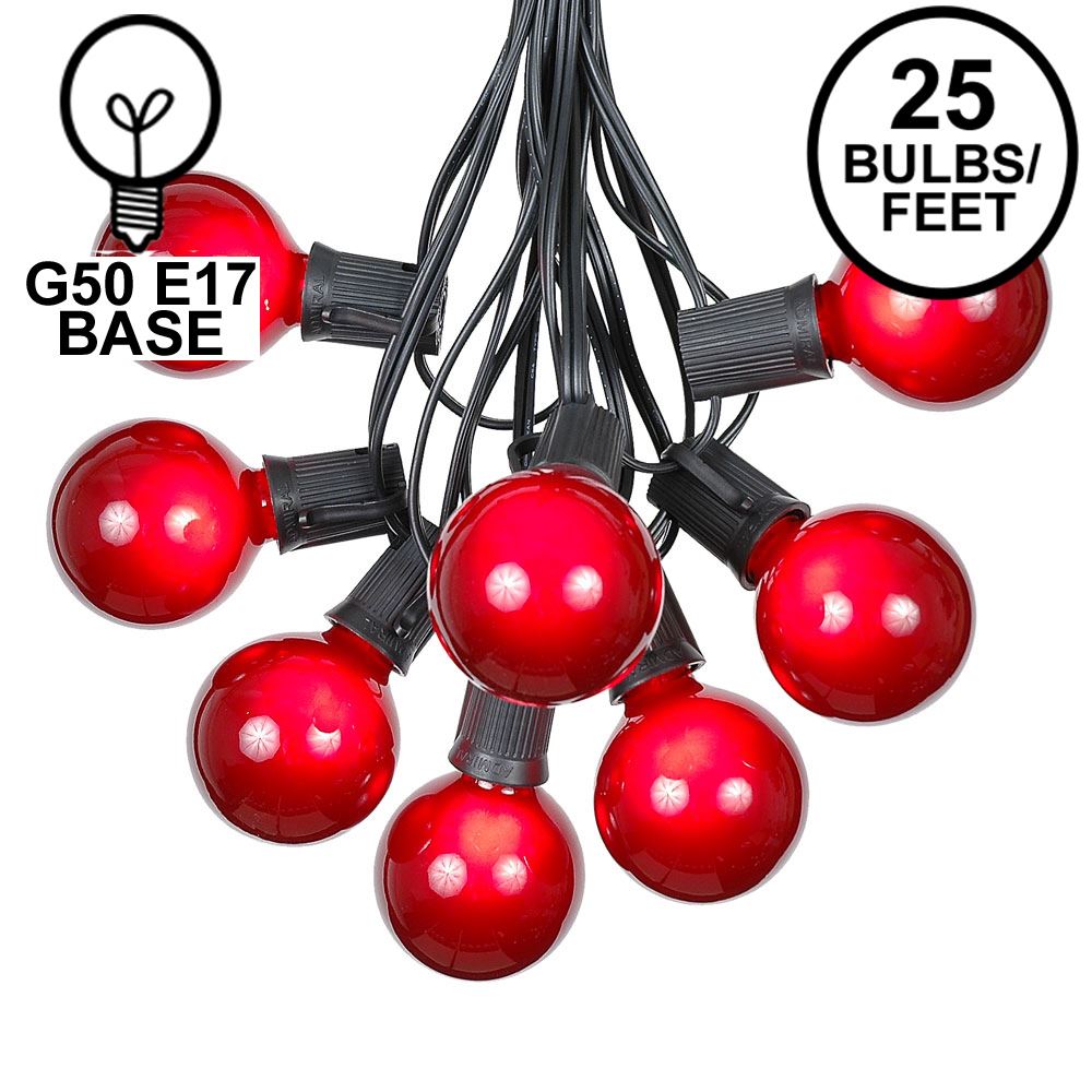 Picture of 25 G50 Globe Light String Set with Red Bulbs on Black Wire