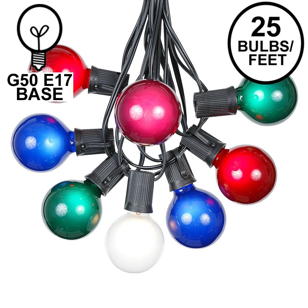 Picture of 25 G50 Globe Light String Set with Assorted Bulbs on Black Wire