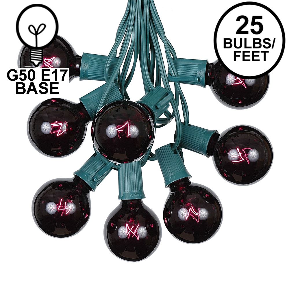 Picture of 25 G50 Globe Light String Set with Black Light Bulbs (Very Dark Purple) on Green Wire