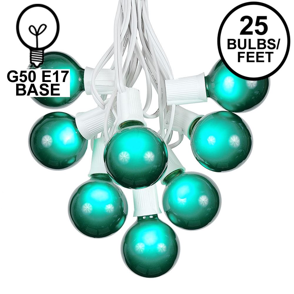 Picture of 100 G50 Globe Light String Set with Green Bulbs on White Wire