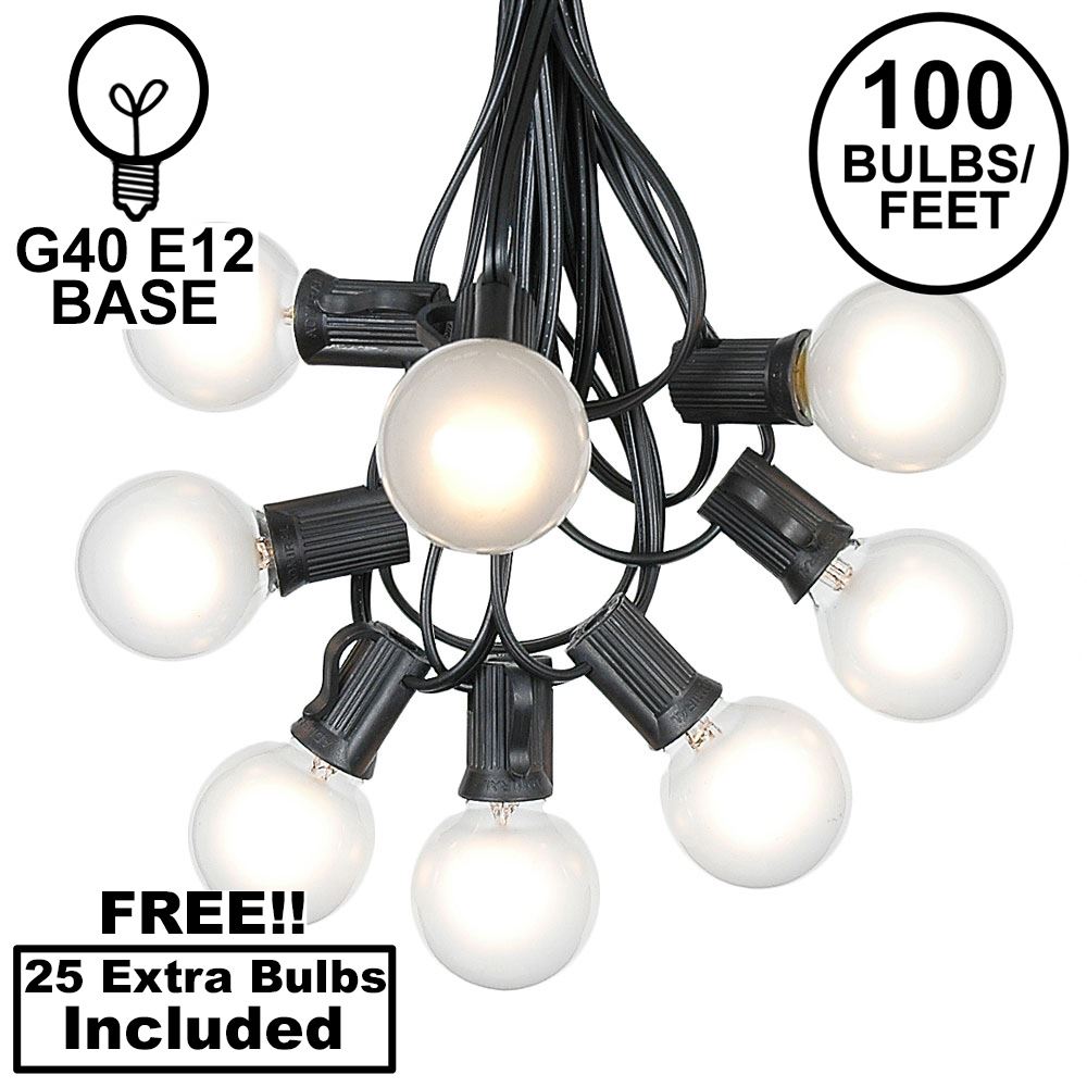 Picture of 100 G40 Globe String Light Set with Frosted White Bulbs on Black Wire