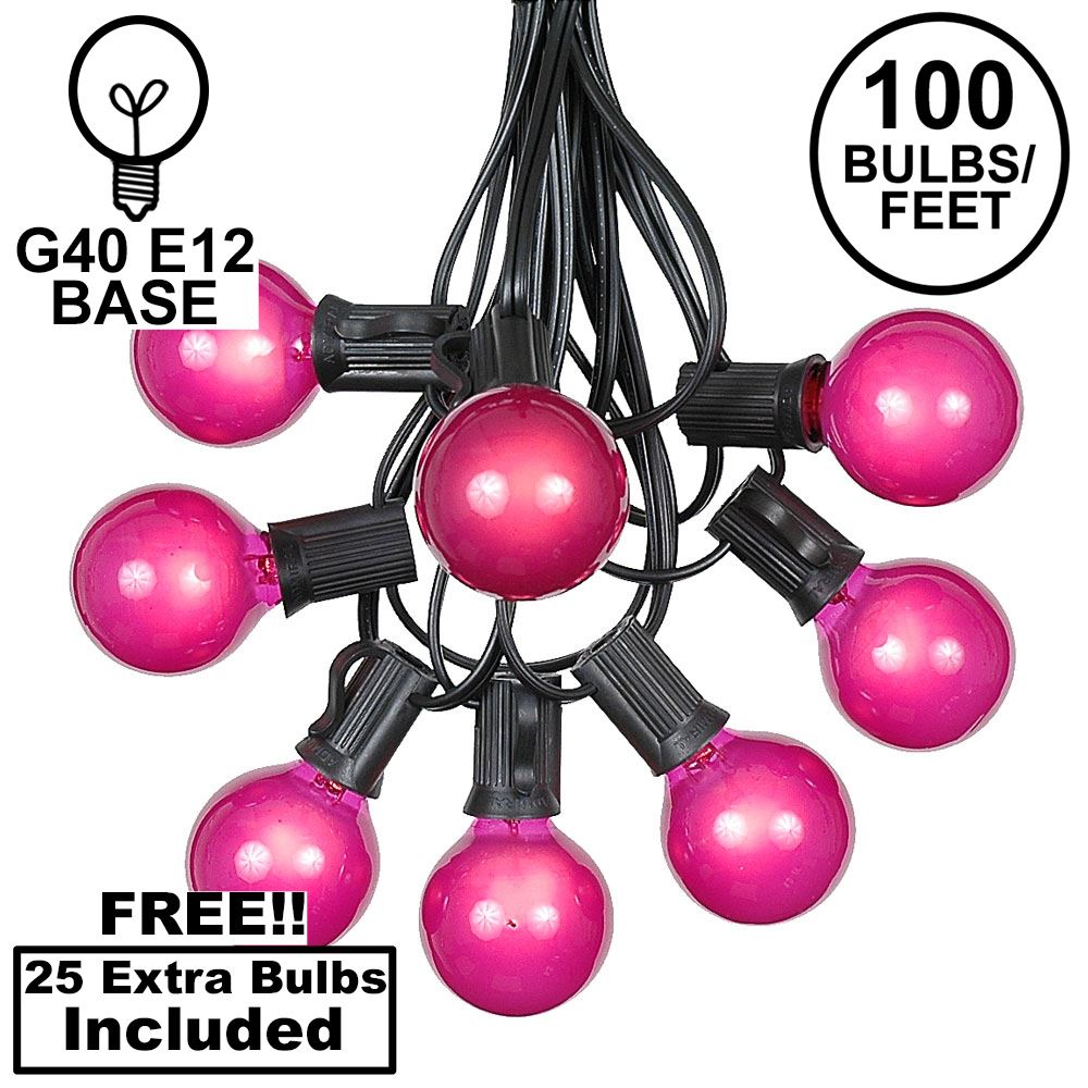 Picture of 100 G40 Globe String Light Set with Pink Bulbs on Black Wire