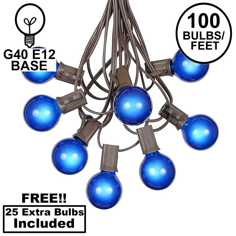 Picture of 100 G40 Globe String Light Set with Blue Bulbs on Brown Wire