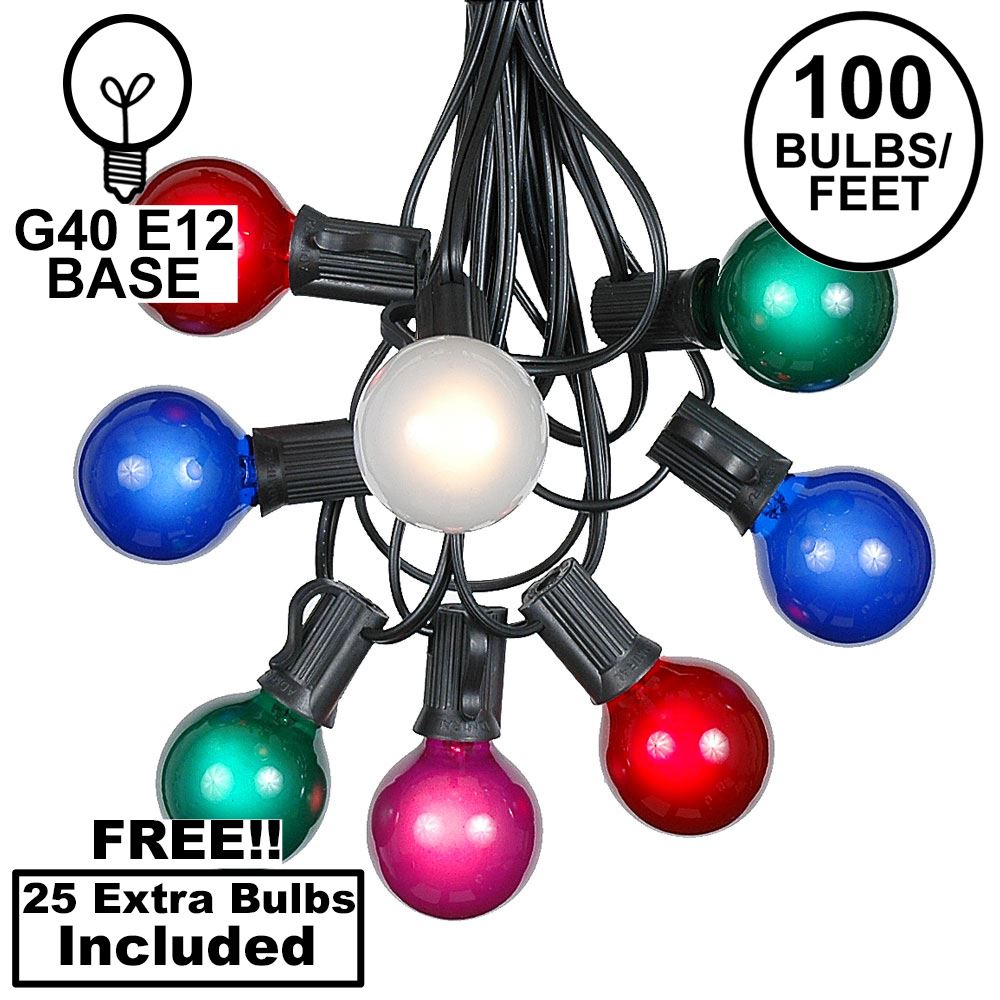 Picture of 100 G40 Globe String Light Set with Multi Colored Bulbs on Black Wire
