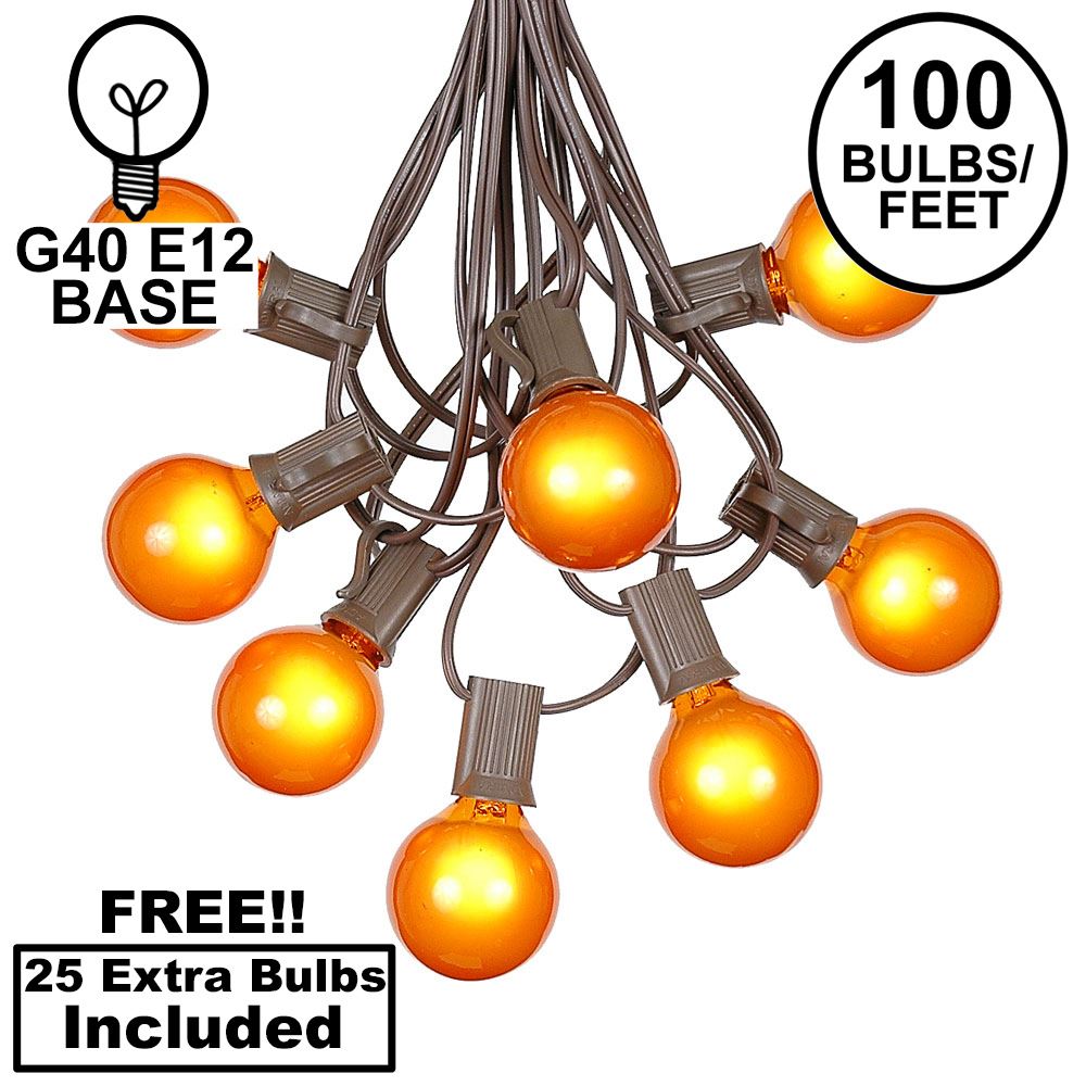 Picture of 100 G40 Globe String Light Set with Orange Bulbs on Brown Wire