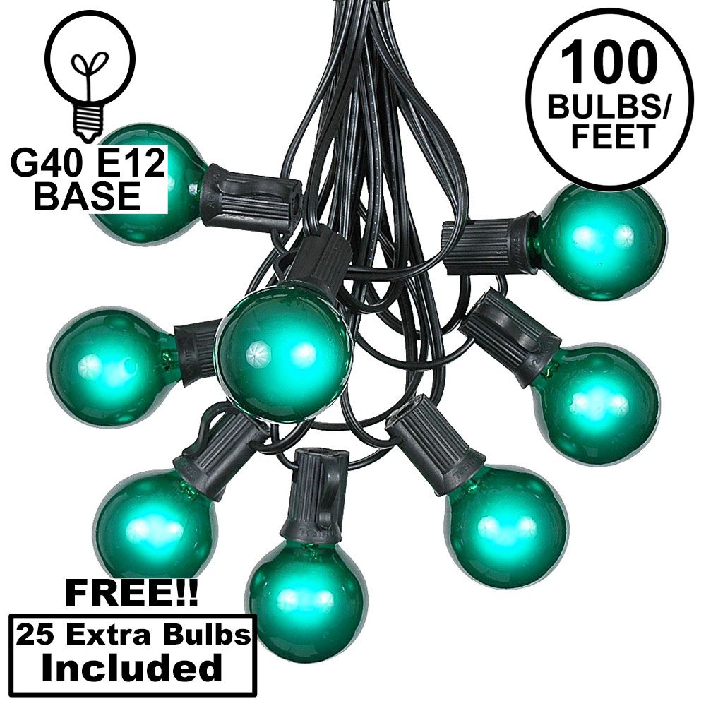 Picture of 100 G40 Globe String Light Set with Green Bulbs on Black Wire