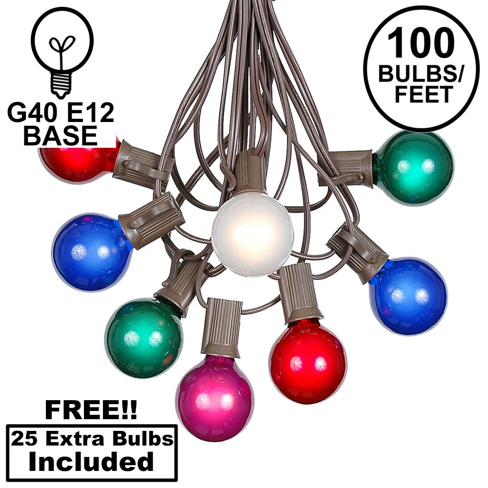 Picture of 100 G40 Globe String Light Set with Multi Colored Bulbs on Brown Wire