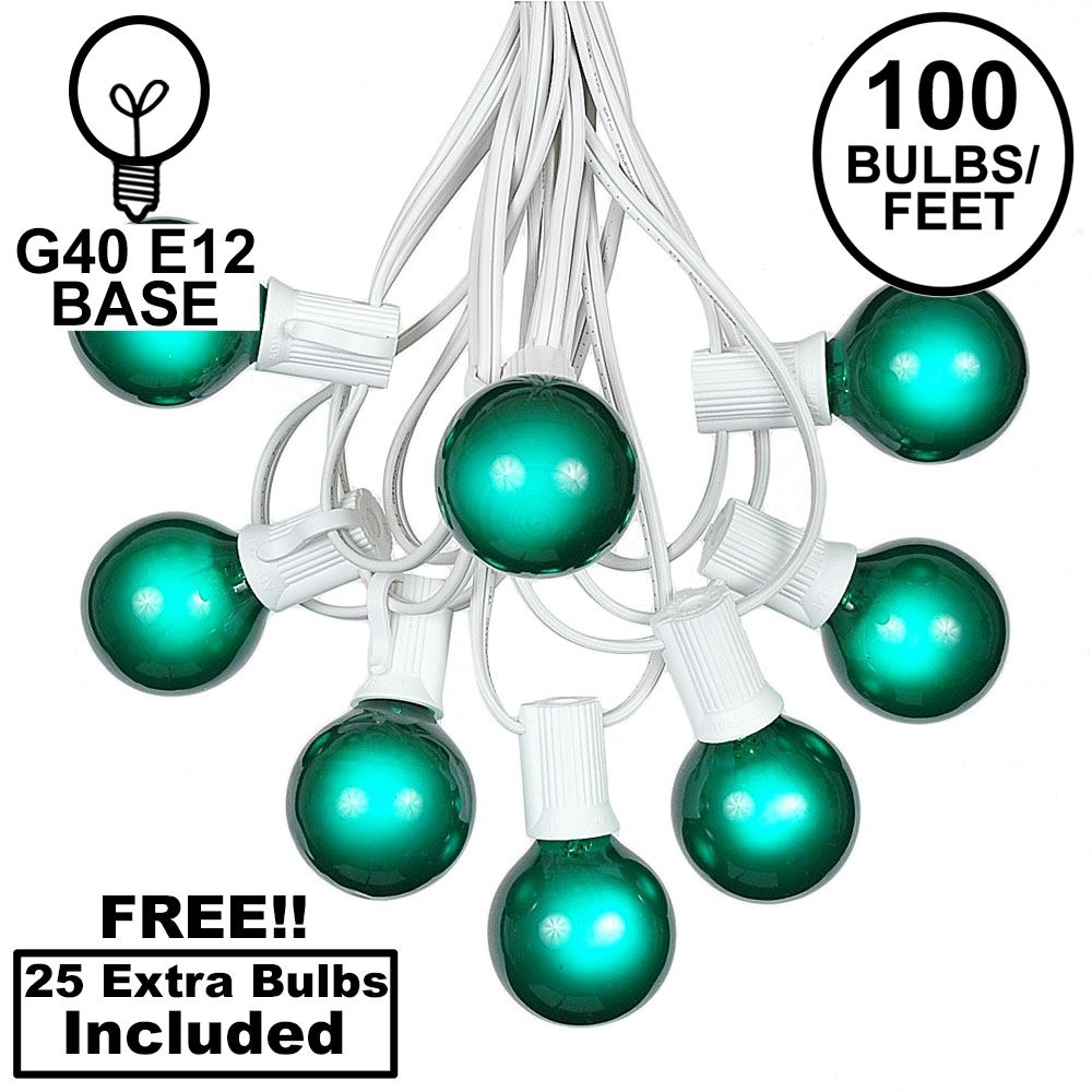 Picture of 100 G40 Globe String Light Set with Green Satin Bulbs on White Wire