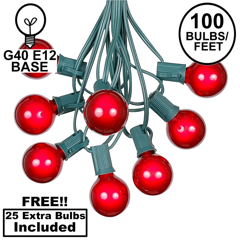 Picture of 100 G40 Globe String Light Set with Red Bulbs on Green Wire