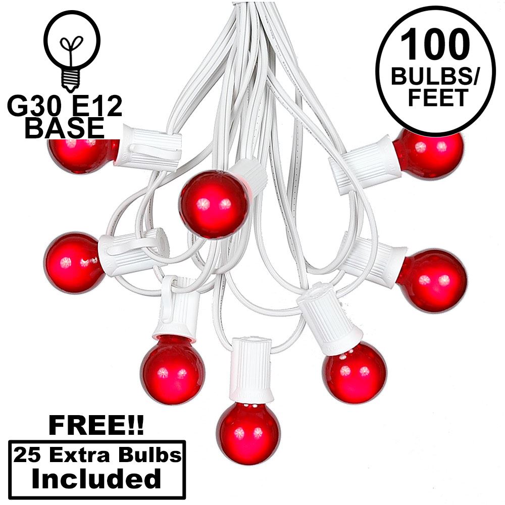 Picture of 100 G30 Globe String Light Set with Red Satin Bulbs on White Wire
