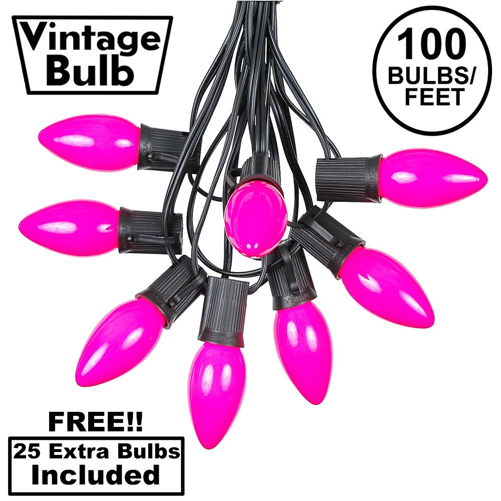 Picture of 100 C9 Ceramic Christmas Light Set - Pink - Black Wire