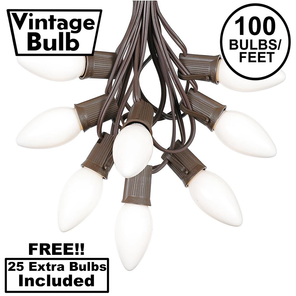 Picture of 100 C9 Ceramic Christmas Light Set - White - Brown Wire