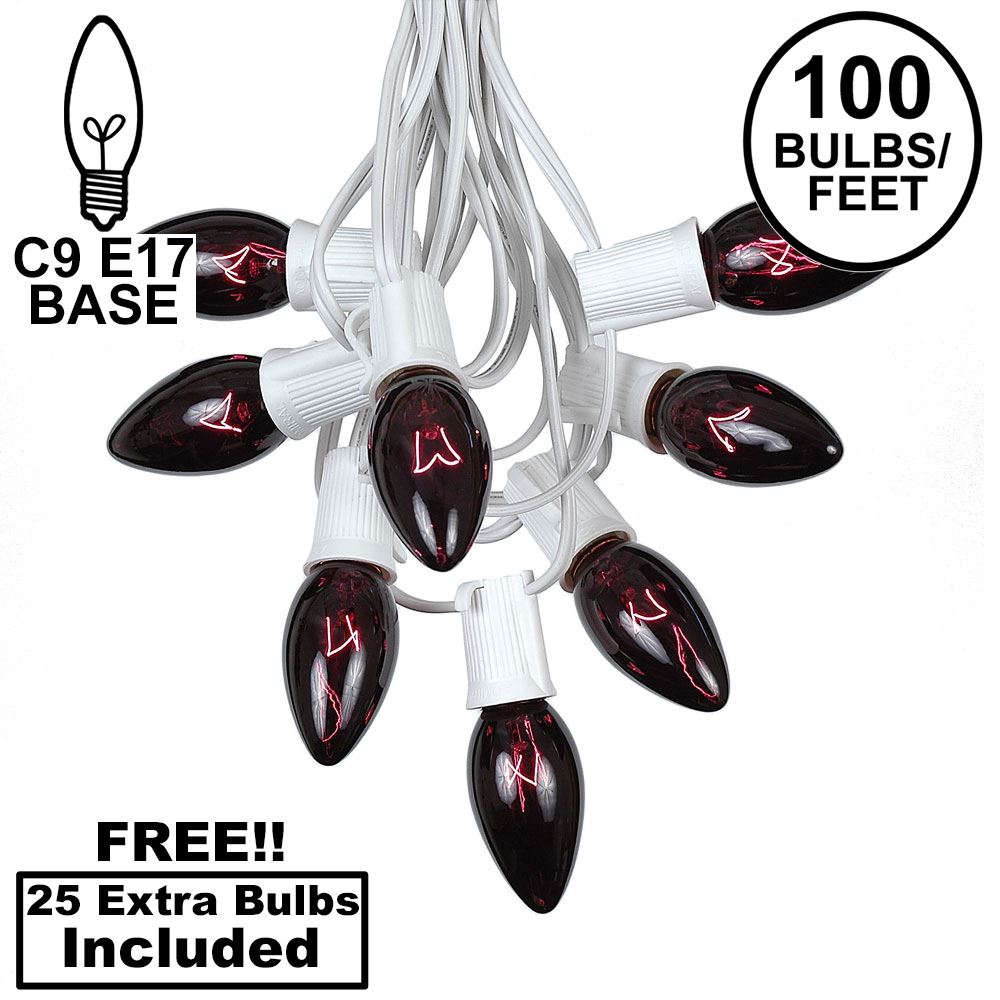 Picture of 100 C9 Christmas Light Set - Black Light Very Dark Purple Bulbs - White Wire