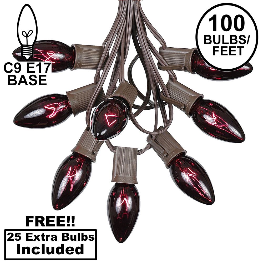 Picture of 100 C9 Christmas Light Set - Black Light Very Dark Purple Bulbs - Brown Wire
