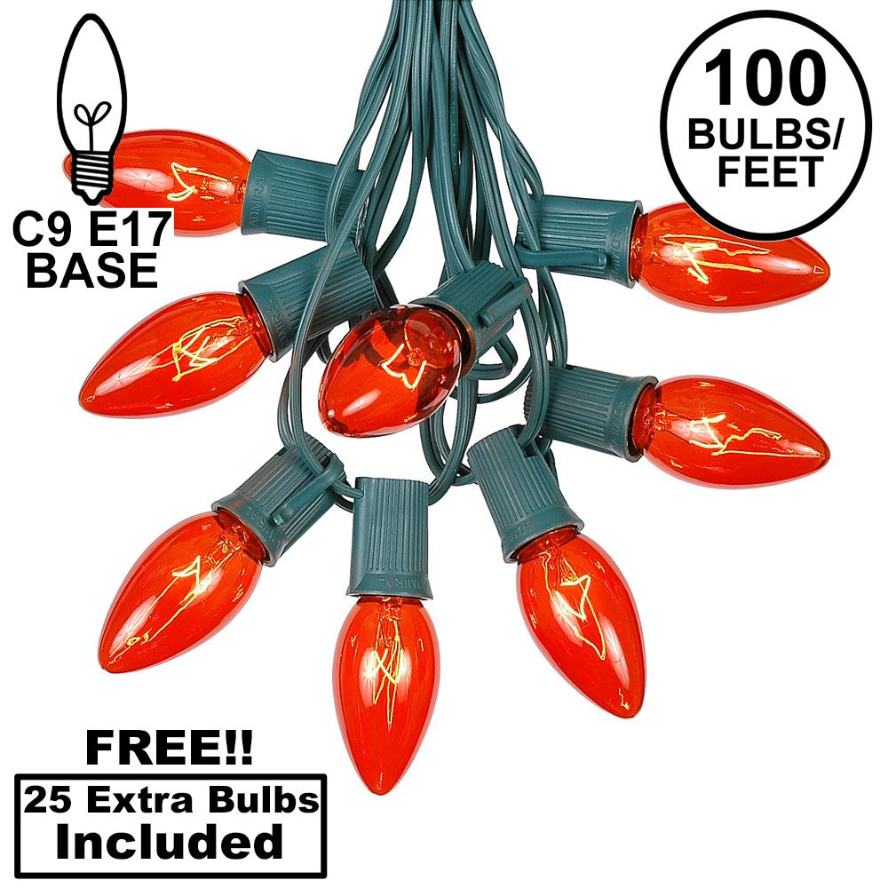 Picture of 100 C9 Christmas Light Set - Orange Bulbs - Green Wire