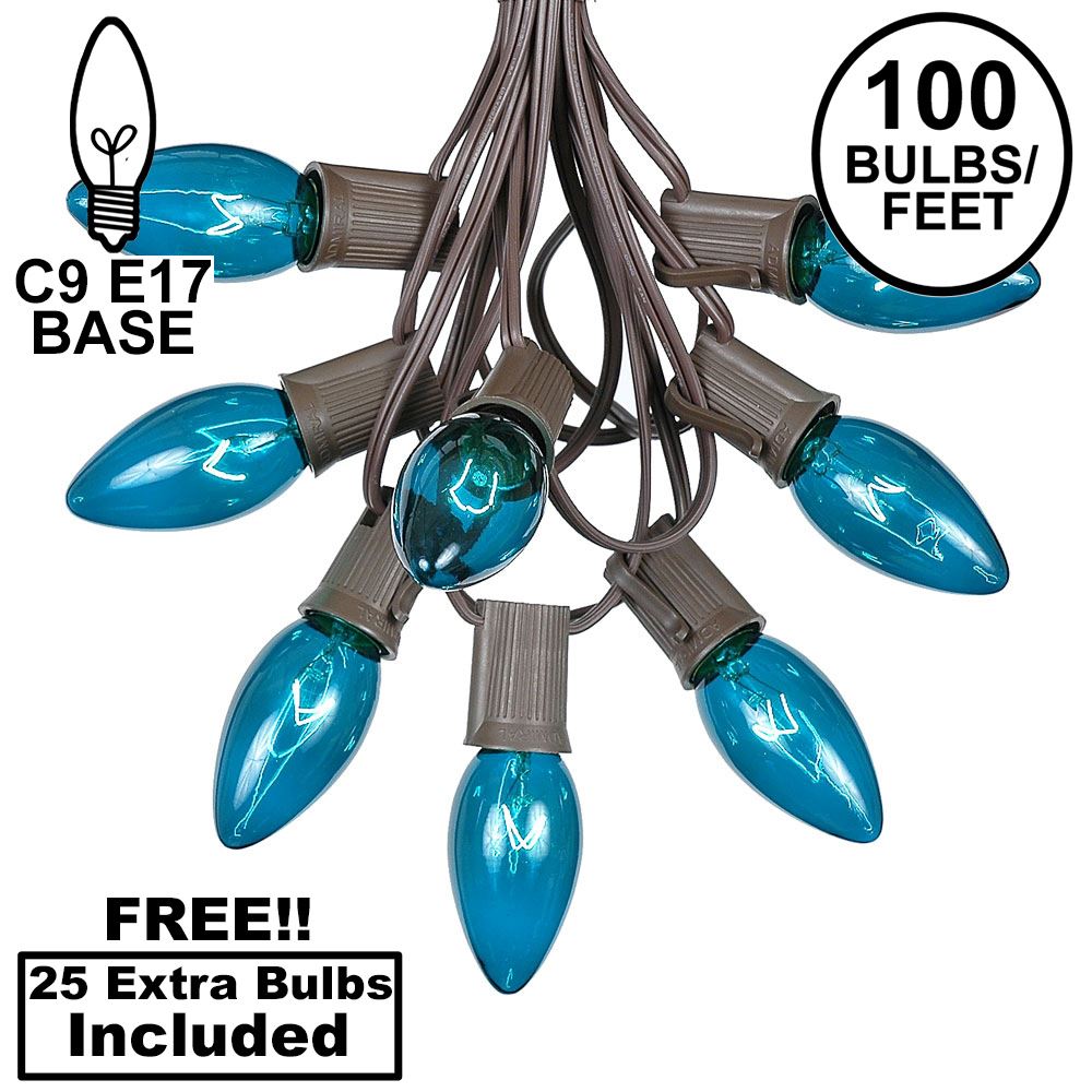 Picture of 100 C9 Christmas Light Set - Teal Bulbs - Brown Wire