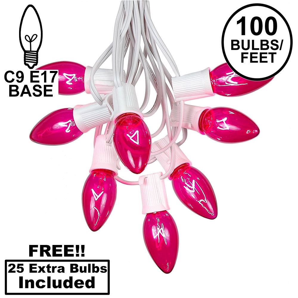 Picture of 100 C9 Christmas Light Set - Pink Bulbs - White Wire