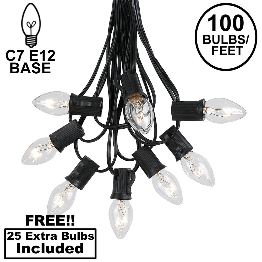 Picture of 100 C7 String Light Set with Clear Bulbs on Black Wire