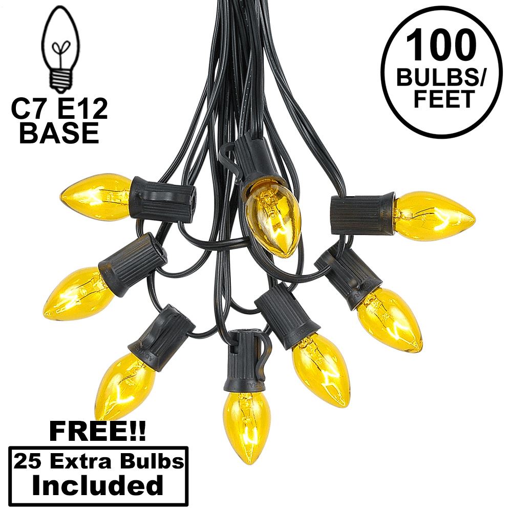 Picture of 100 C7 String Light Set with Yellow Bulbs on Black Wire
