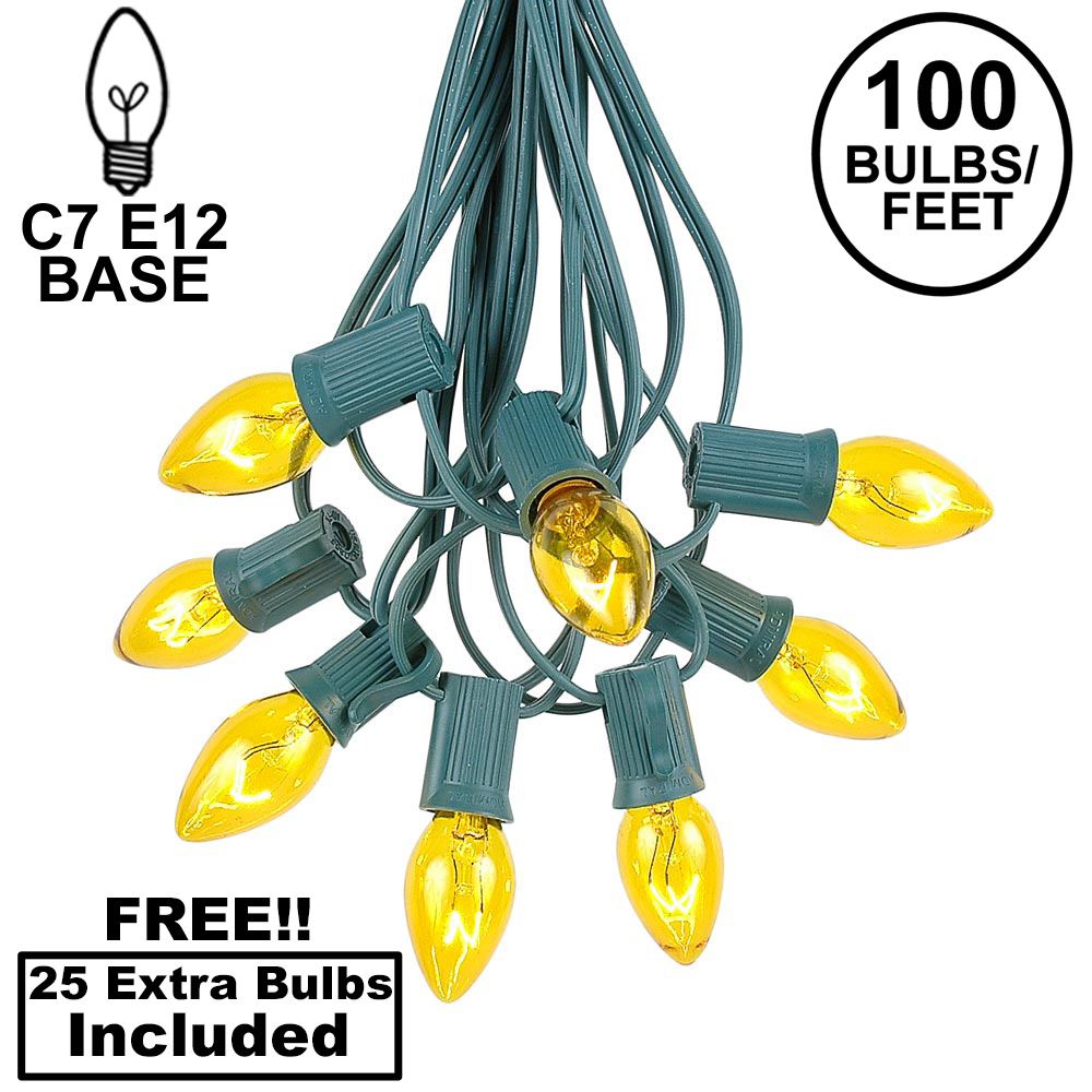 Picture of 100 C7 String Light Set with Yellow Bulbs on Green Wire