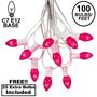 Picture of 100 C7 String Light Set with Pink Bulbs on White Wire