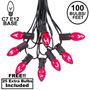Picture of 100 C7 String Light Set with Pink Bulbs on Black Wire