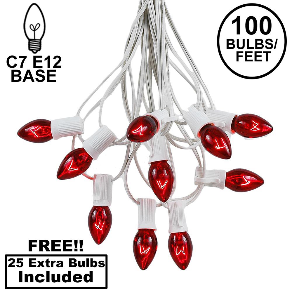 Picture of 100 C7 String Light Set with Red Bulbs on White Wire