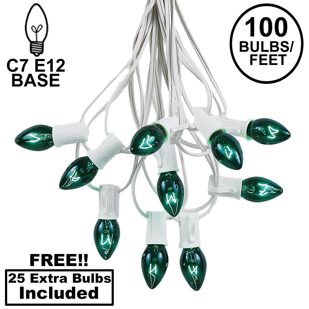 Picture of 100 C7 String Light Set with Green Bulbs on White Wire