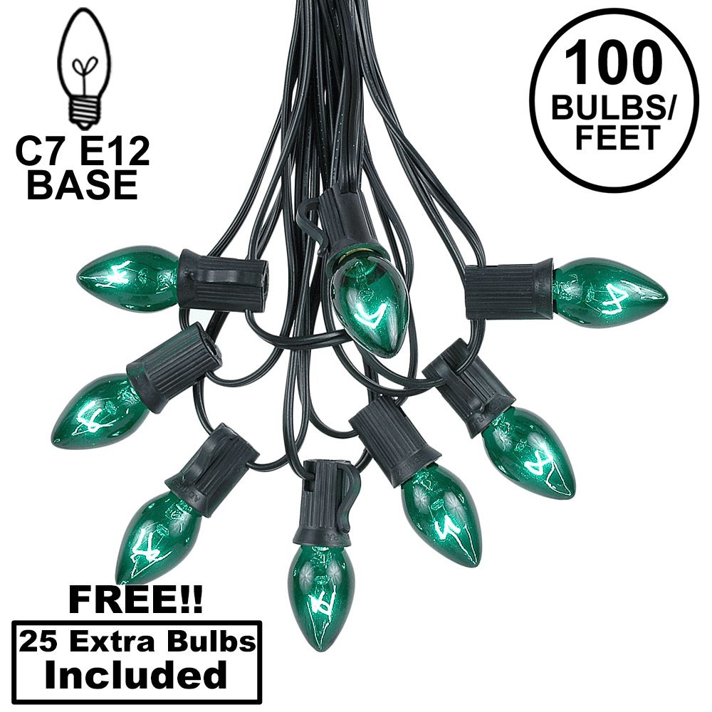 Picture of 100 C7 String Light Set with Green Bulbs on Black Wire