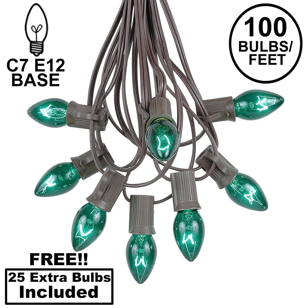Picture of 100 C7 String Light Set with Green Bulbs on Brown Wire