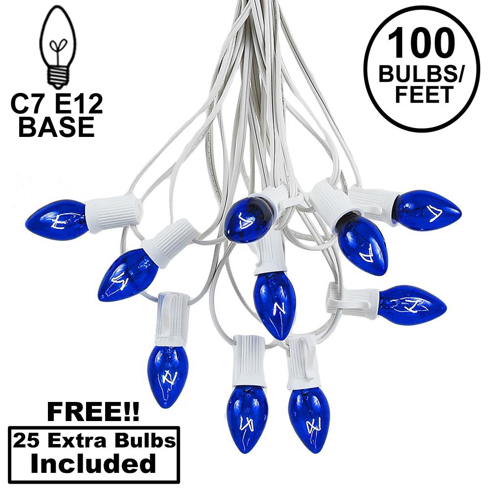 Picture of 100 C7 String Light Set with Blue Bulbs on White Wire