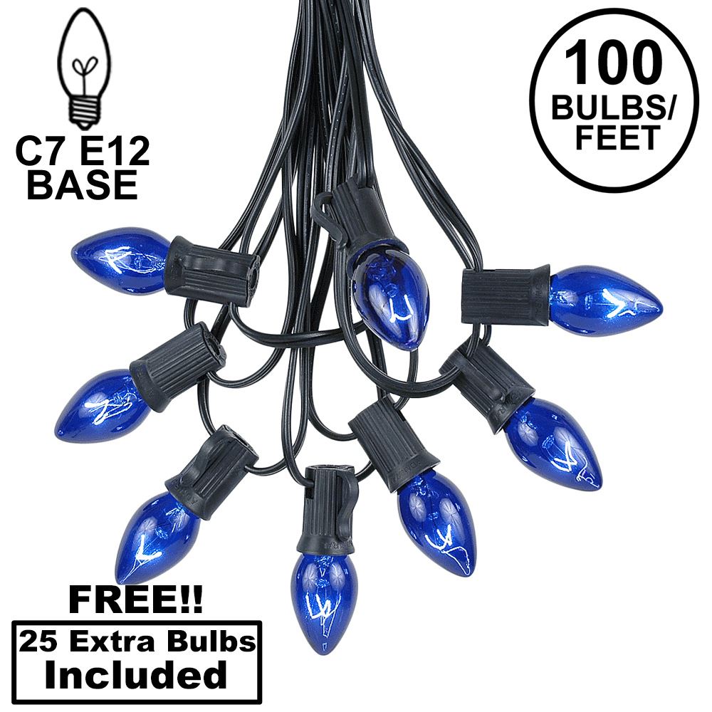 Picture of 100 C7 String Light Set with Blue Bulbs on Black Wire