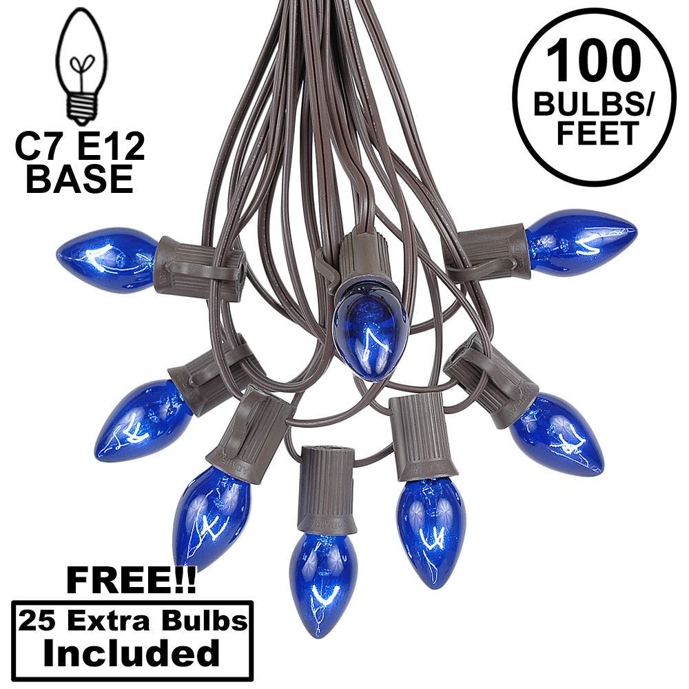 Picture of 100 C7 String Light Set with Blue Bulbs on Brown Wire