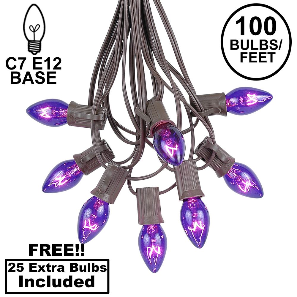 Picture of 100 C7 String Light Set with Purple Bulbs on Brown Wire