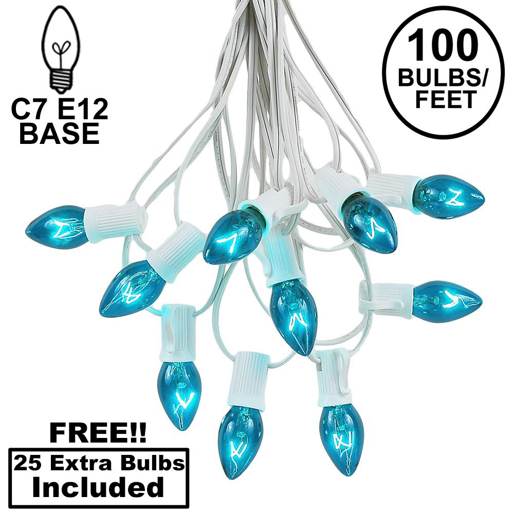 Picture of 100 C7 String Light Set with Teal Bulbs on White Wire