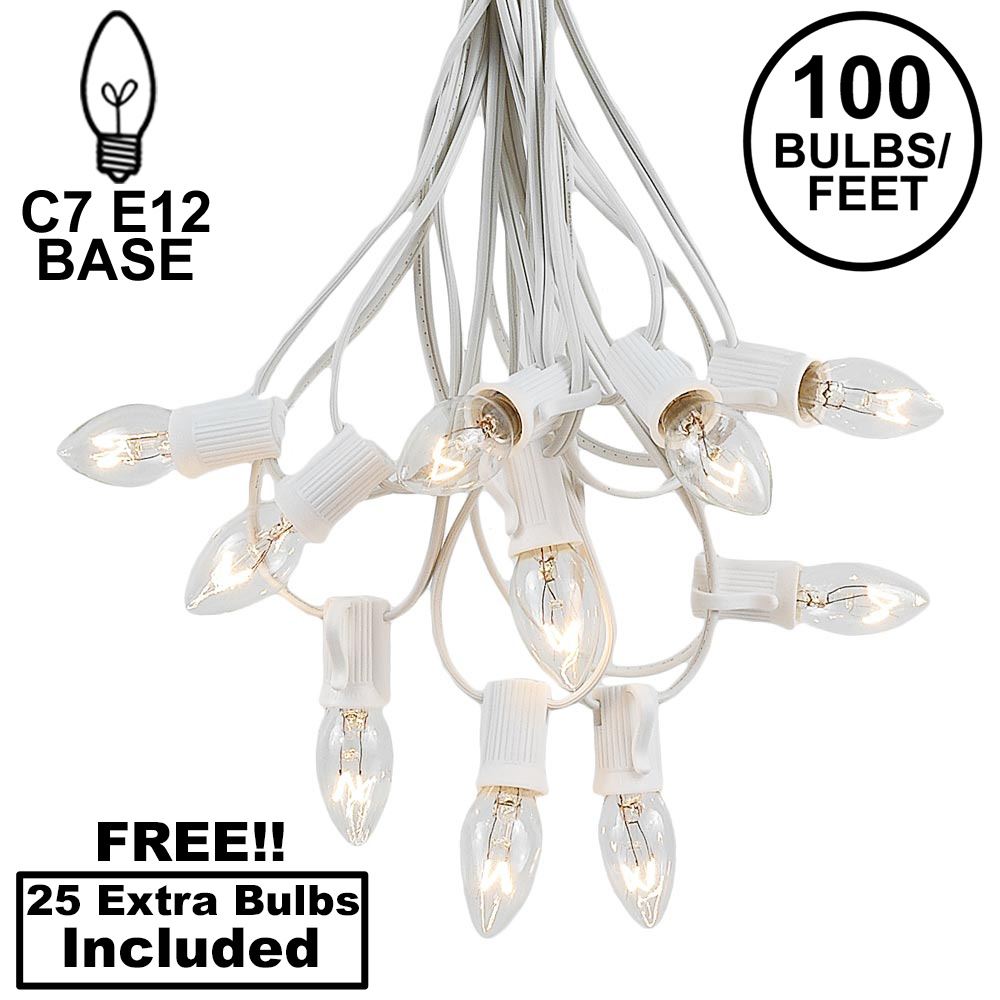 Picture of 100 C7 String Light Set with Clear Bulbs on White Wire