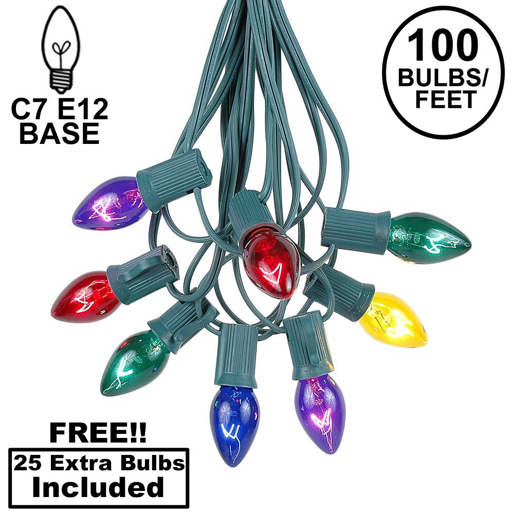 Picture of 100 C7 String Light Set with Assorted Bulbs on Green Wire