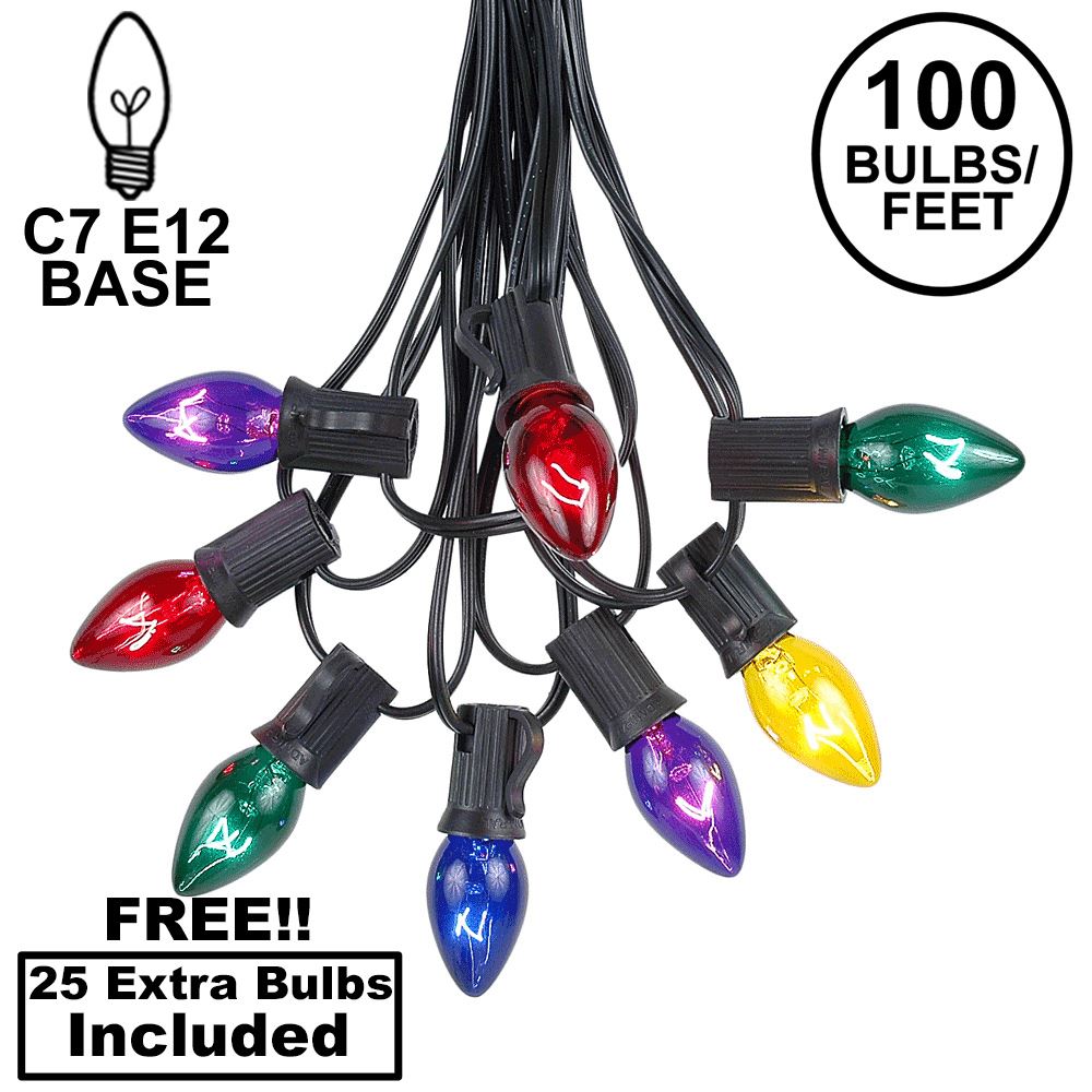 Picture of 100 C7 String Light Set with Assorted Bulbs on Black Wire