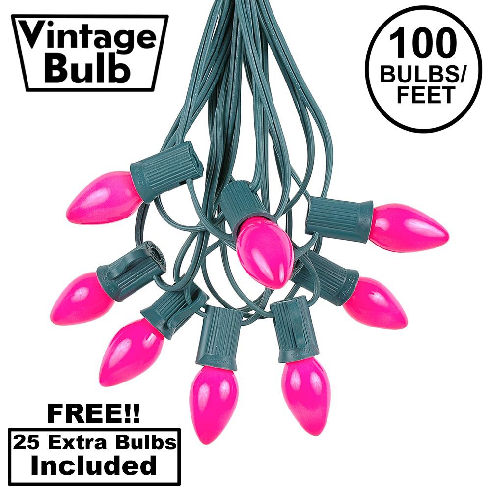 Picture of 100 C7 String Light Set with Pink Ceramic Bulbs on Green Wire