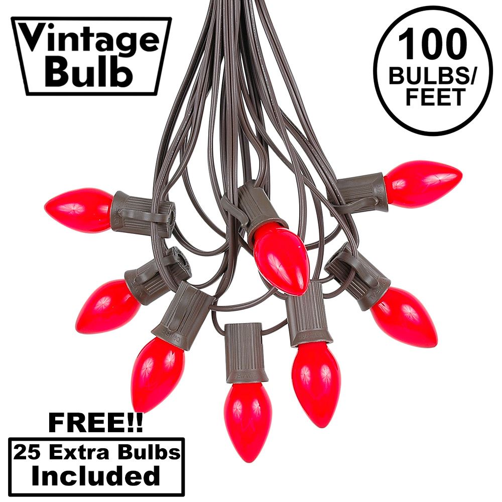 Picture of 100 C7 String Light Set with Red Ceramic Bulbs on Brown Wire