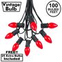 Picture of 100 C7 String Light Set with Red Ceramic Bulbs on Black Wire