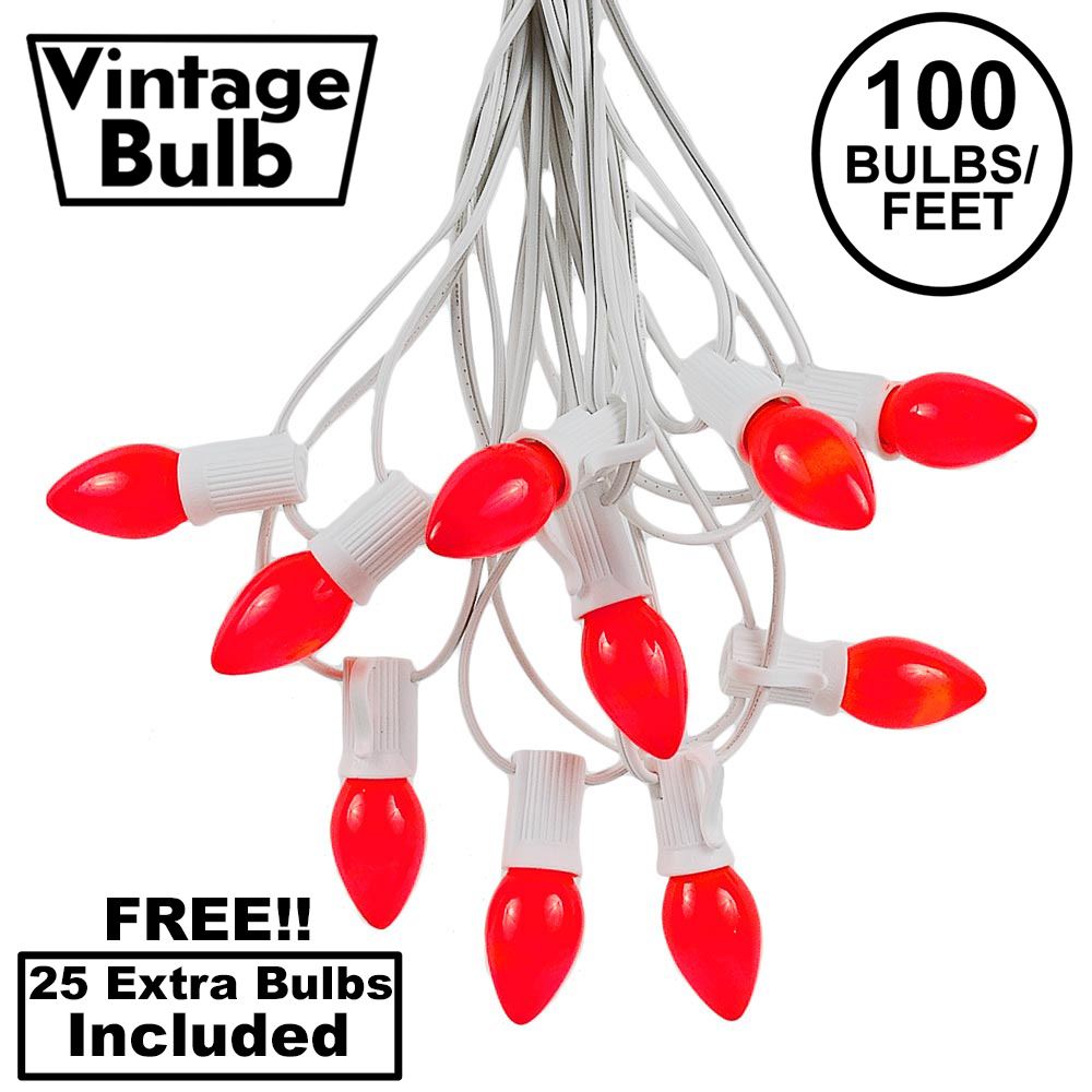 Picture of 100 C7 String Light Set with Red Ceramic Bulbs on White Wire