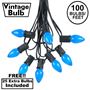 Picture of 100 C7 String Light Set with Blue Ceramic Bulbs on Black Wire