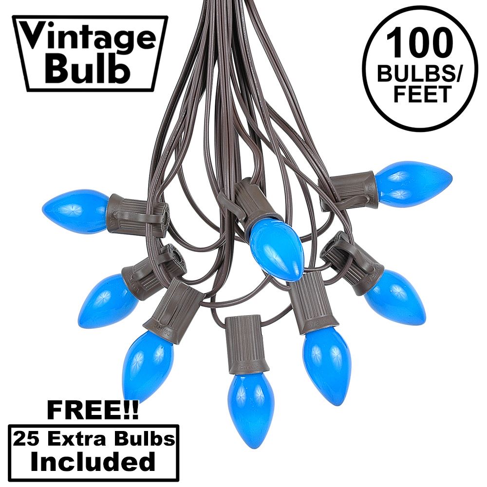 Picture of 100 C7 String Light Set with Blue Ceramic Bulbs on Brown Wire