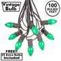 Picture of 100 C7 String Light Set with Green Ceramic Bulbs on Brown Wire