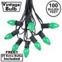 Picture of 100 C7 String Light Set with Green Ceramic Bulbs on Black Wire